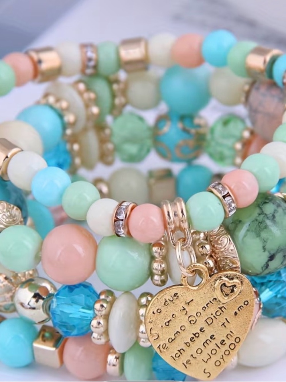 4pcs Beaded Heart Charm Bracelet Stack -muti-colors